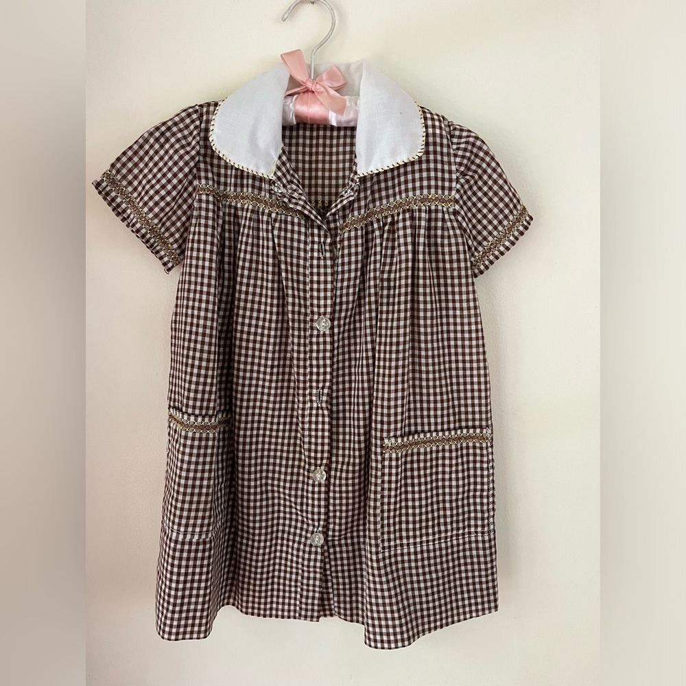 Vintage Girls Brown Gingham Check Dress